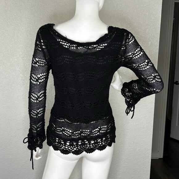 Y2K JOSEPH A. Womens Sweater Open Knit Crochet Bell Slv Black Whimsigoth Size S - Picture 4 of 7